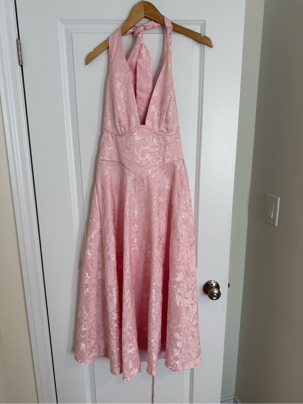 Pink Halter Floral Jacquard Midi Dress